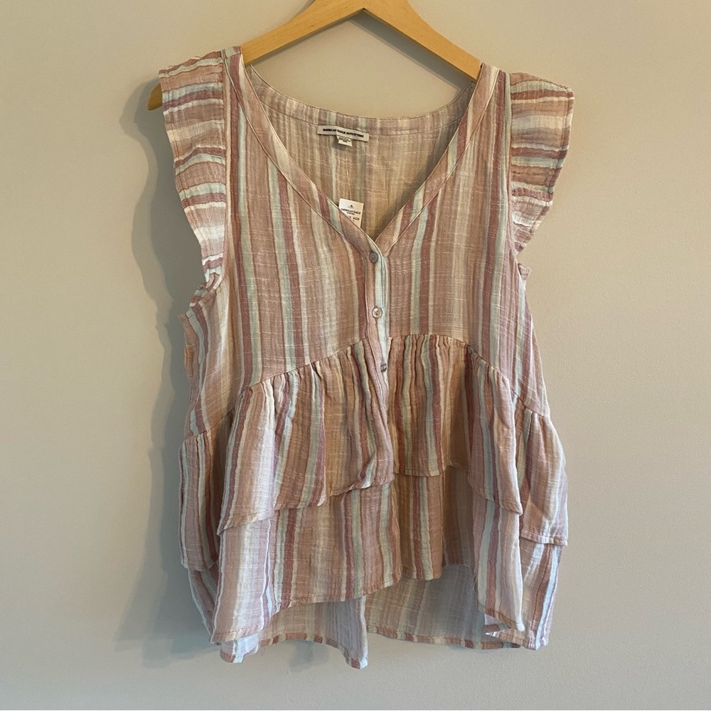 American Eagle Striped Flutter Sleeve Ruffle Tiered Button Up Blouse Small (NWT)